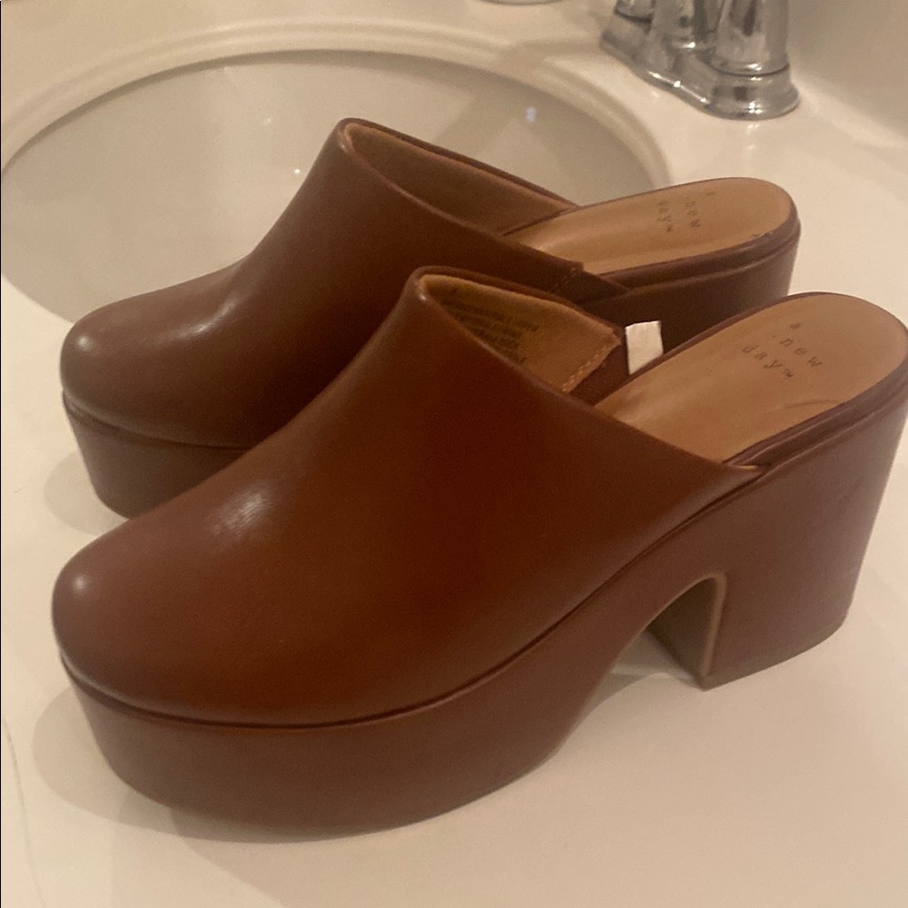 Brown Leather Block Heel Mules